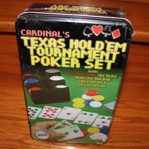 3/$55❤️Texas Hold 'Em Tournament Poker Set Tin Box with felt surface & chip rack - Picture 2 of 6